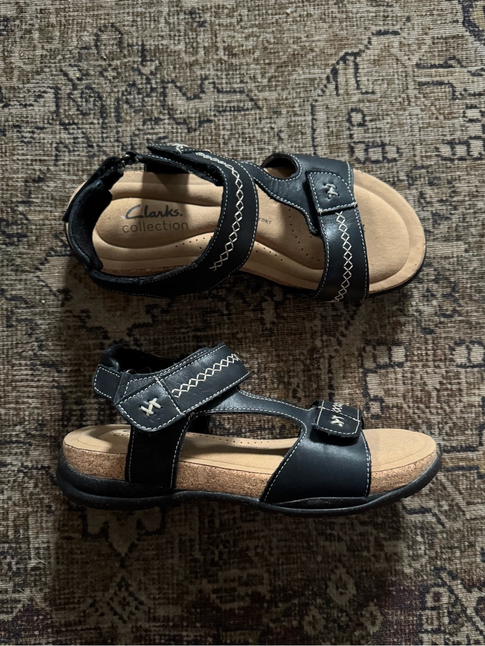 CLARKS Black Leather Velcro Strap Sandals Size 5